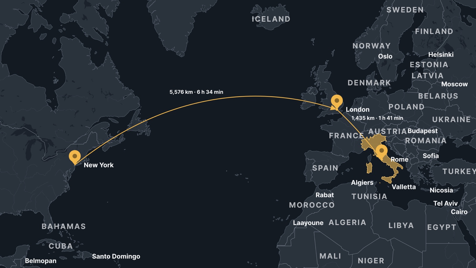 Pins on New York, London and Rome joined by great-circle arcs with distance labels
