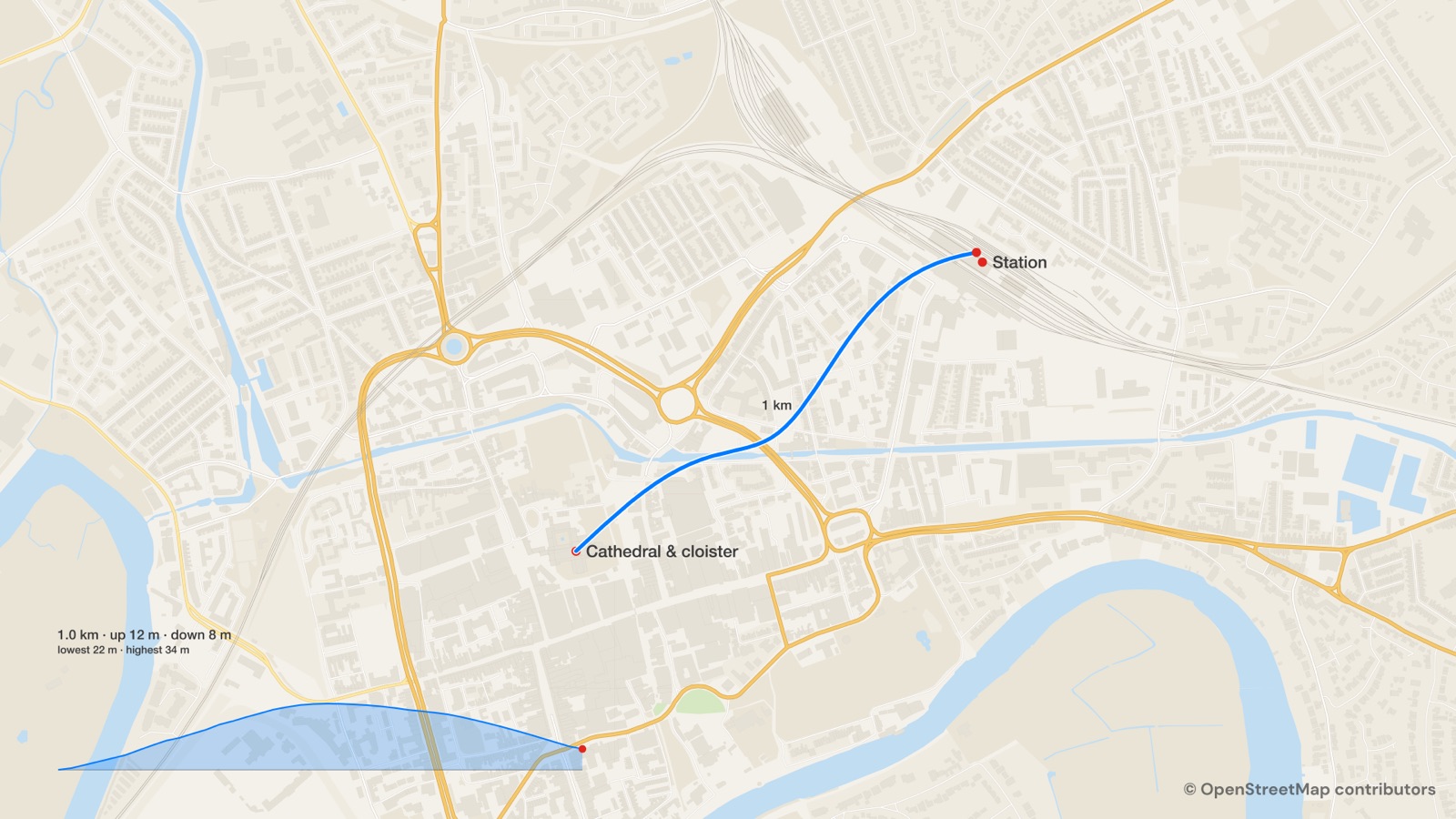 A walk drawn from a GPX file with its elevation profile