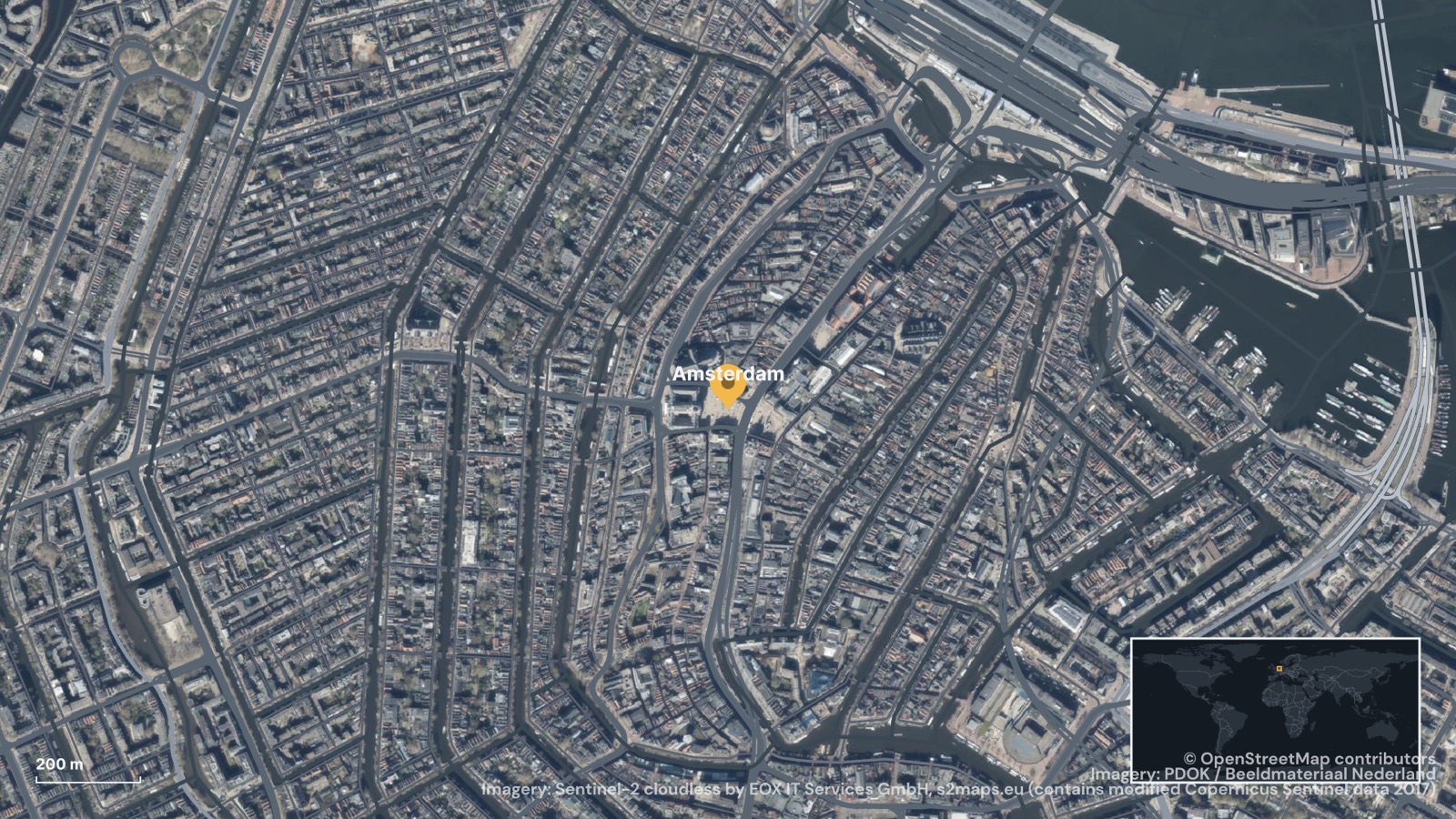 A street map of Amsterdam on aerial imagery