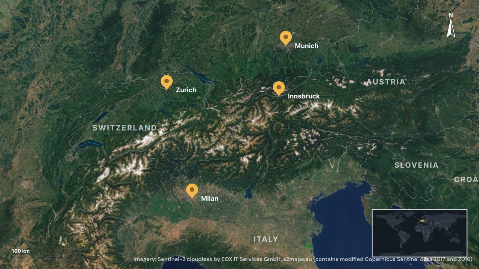 The Alps on Sentinel-2 imagery with a scale bar, north arrow and locator