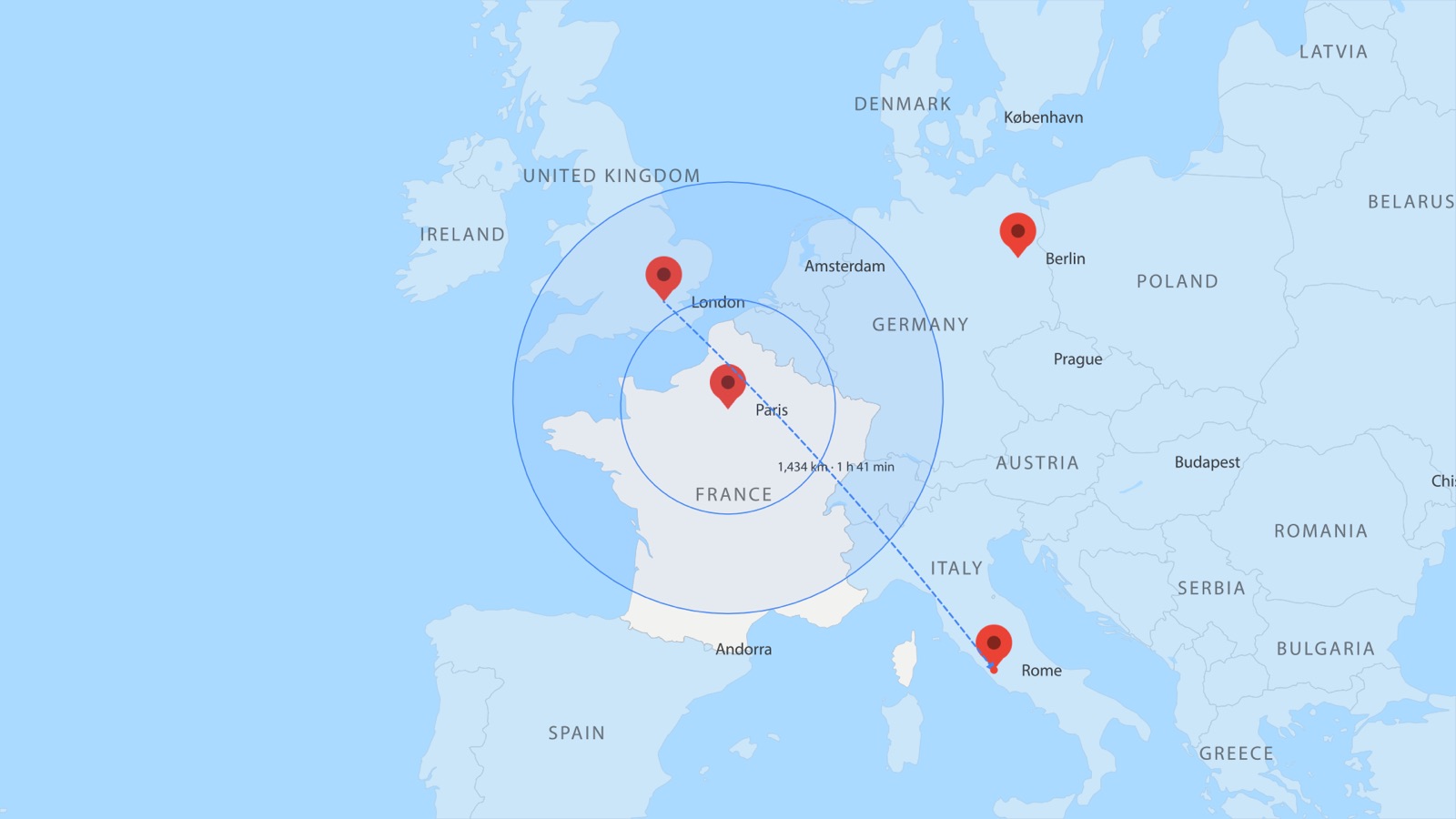 A map of Europe zoomed in on Paris during a map tour