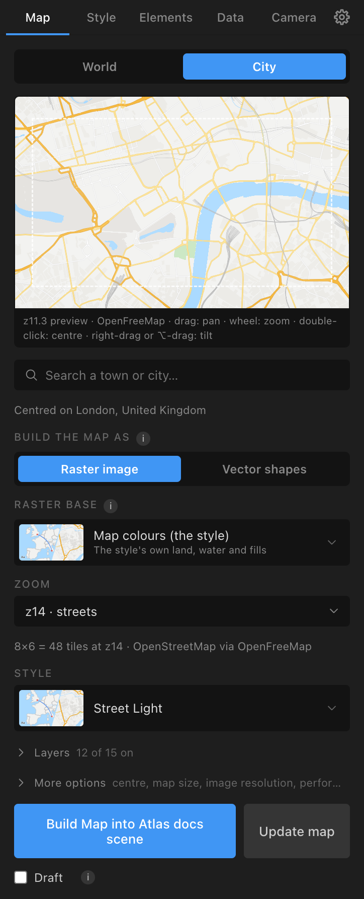 The Map tab, City view