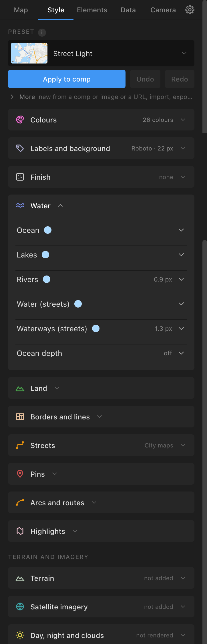 The Style tab's Water section