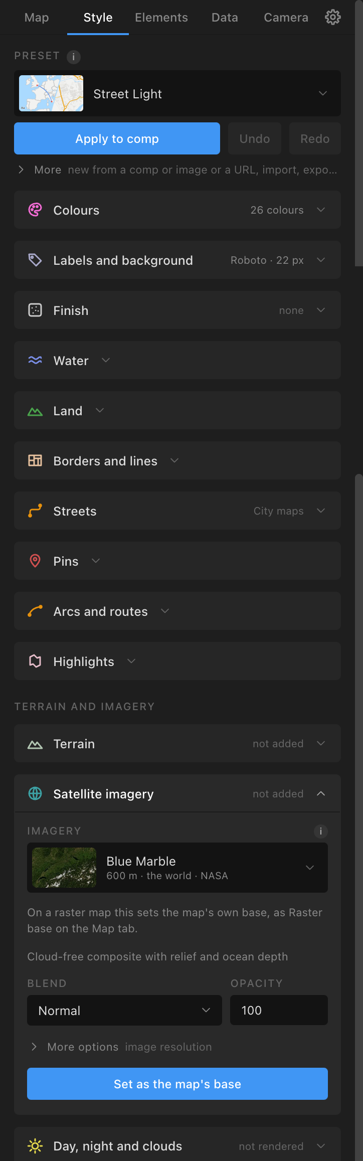 The Style tab's Satellite imagery section