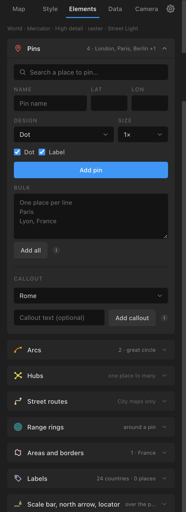 The Pins section