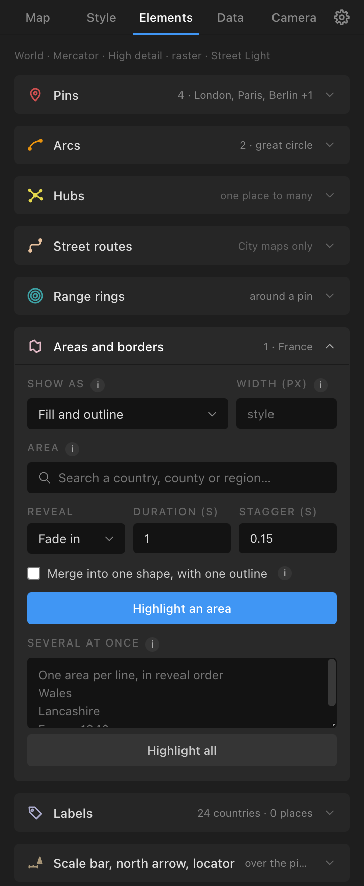 The Areas and borders section