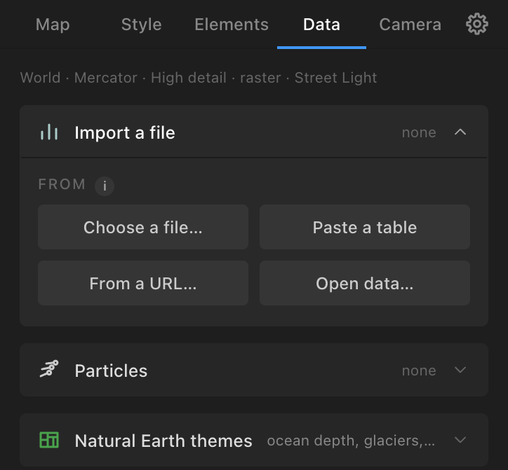The Data tab with Import a file open
