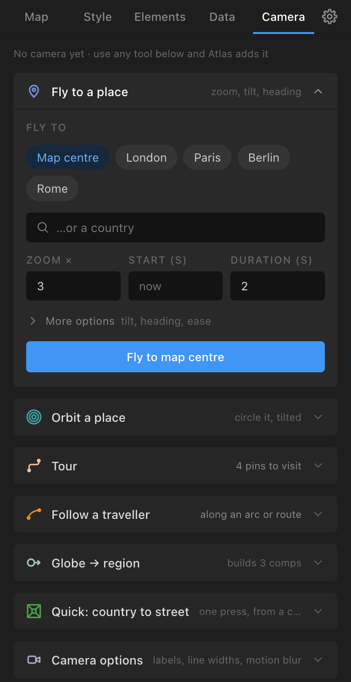 The Camera tab's Fly to a place section